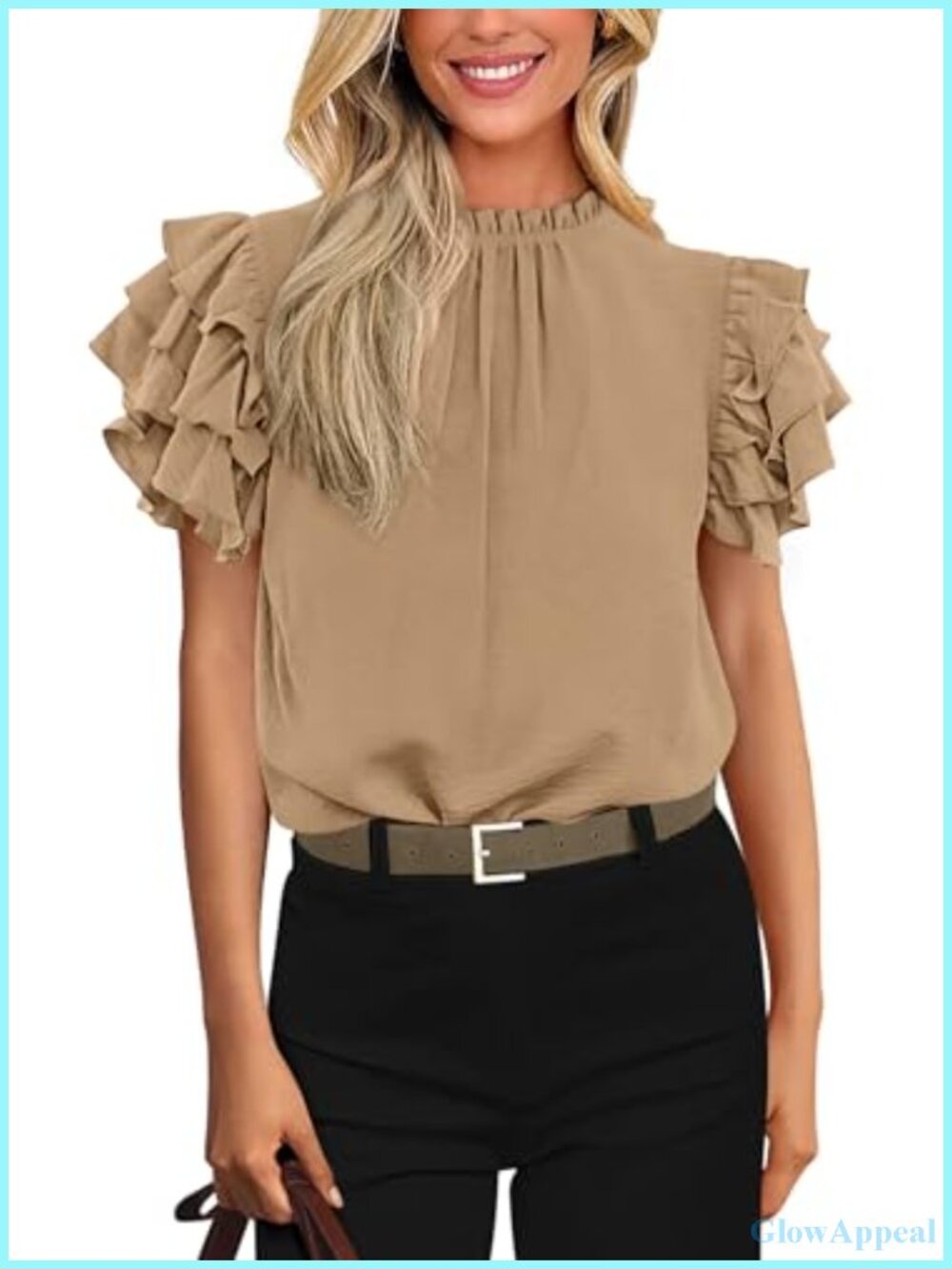 KIRUNDO Ruffle Short Sleeve Blouse Mock Neck Business Casual Top